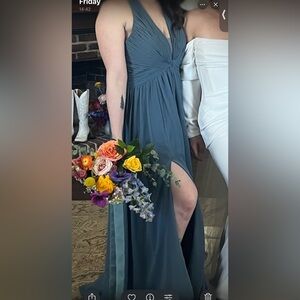 Elegant Chiffon Dusty Blue Gown With Thigh Split